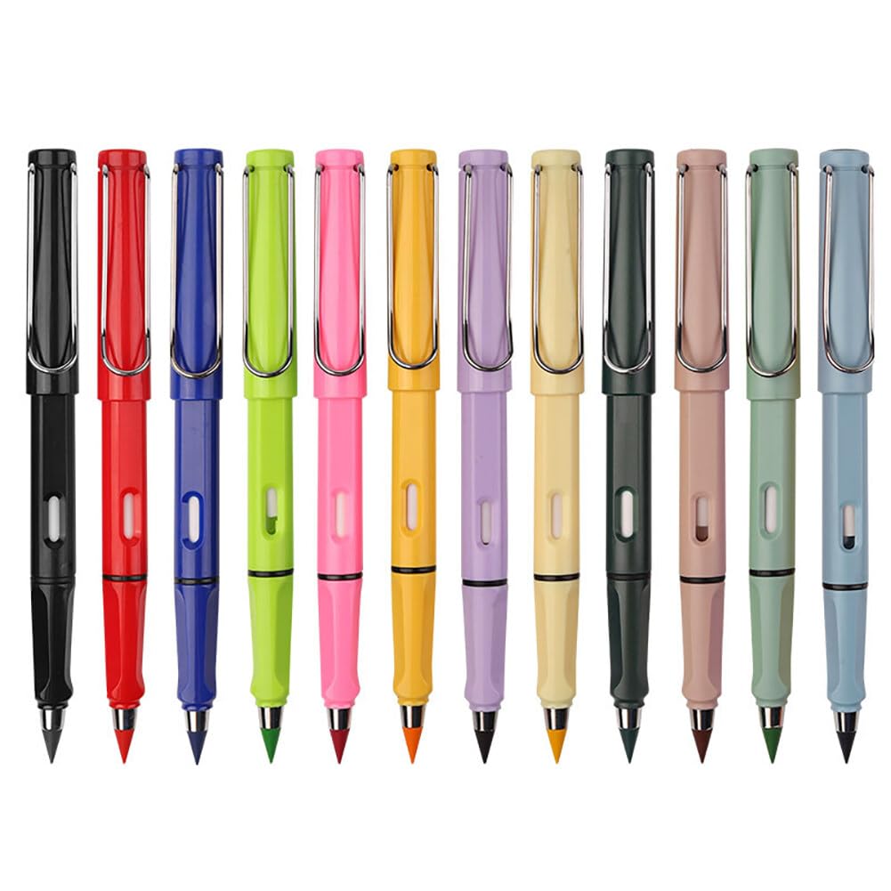 12 Pcs Endless Inkless Pencil with Eraser Colored Art Pencil Long Lasting Writing Endless Writing Pencil for Kids Students Writing and Art Sketch