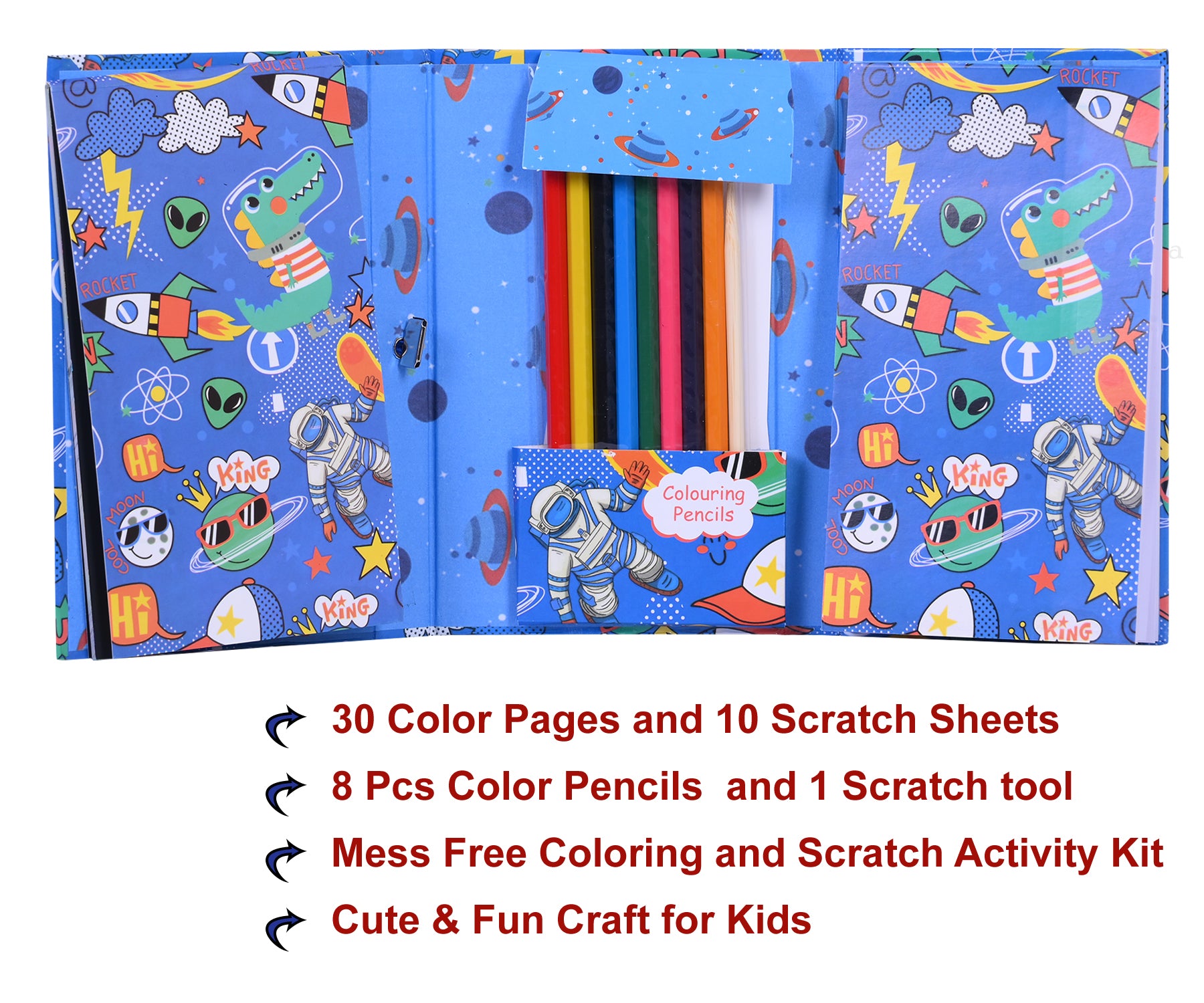 Dino Space Coloring and Scratch Book with 8 Color Pencils, Art and Craft Drawing Color Book Set for 3+ Years Old Boys, Girls Toddlers, Birthday Return Gift for Kids
